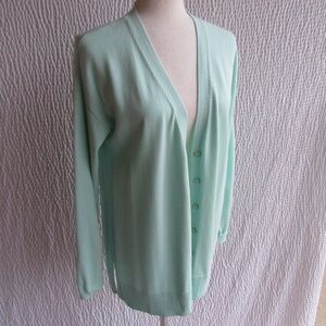 Mint Green Long Cardigan Sweater S Ribbed Trim Cotton Blend New Talbots
